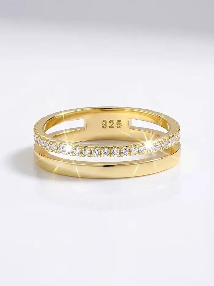 Bague ronde à double couche en diamant Moissanite véritable pour femmes
