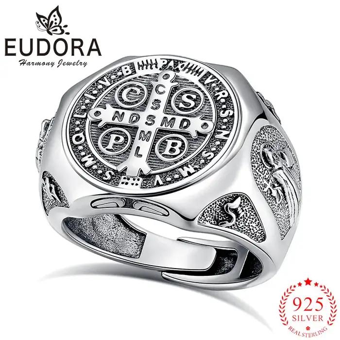 Eudora 925 bague réglable en argent Sterling Saint benoît San Benito bague amulette croix Vintage bi