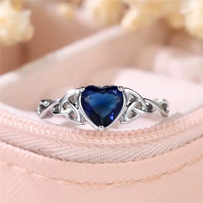 Bague de fiançailles en forme de cœur en pierre de Zircon bleu pour femme