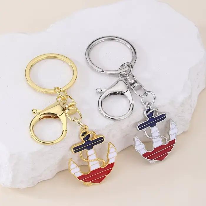 Porte-clés ancre nautique en émail pendentif métal rouge blanc bleu accessoire mode femmes hommes breloque sac cadeau fête noël occasion spéciale