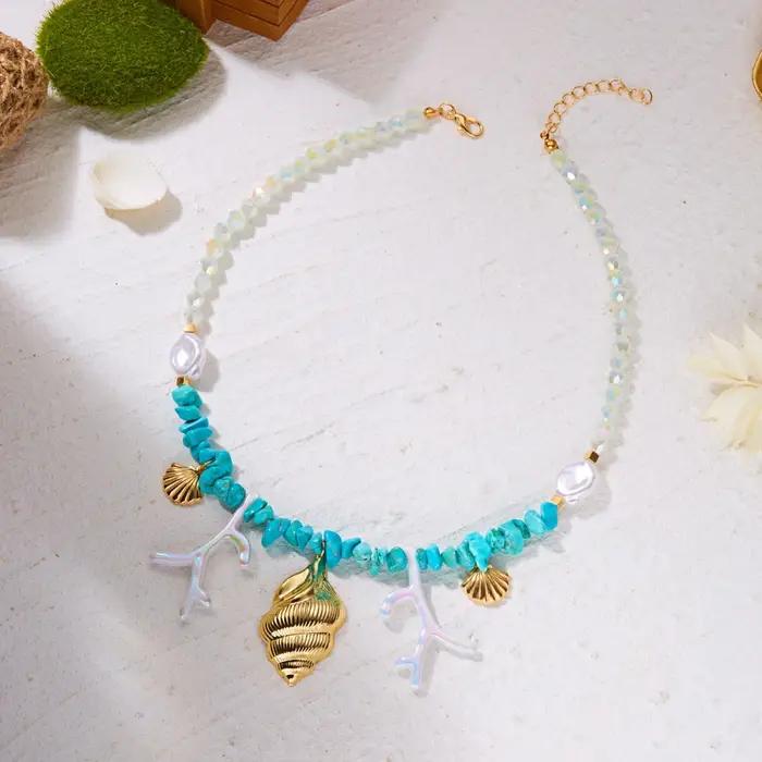 Collier en résine coquillage métallique et pierres concassées de corail pour femmes et hommes