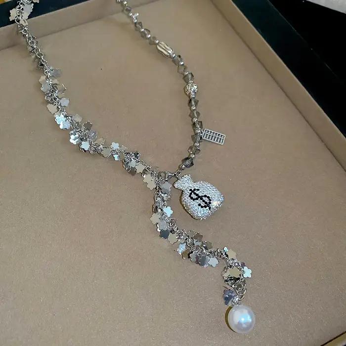 Collier pendentif perle incrusté de diamants, design de niche, chaîne de clavicule, article polyvale