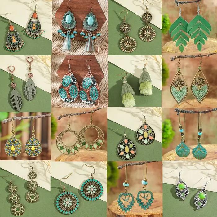 Boucles d'oreilles bohèmes vertes, vintage et géométriques, faites à la main, avec pompon en coton pour femmes, pour mariage, engagement, anniversaire et tous les jours