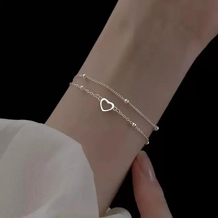 Bracelet en argent sterling 925 forme cœur double couche perles pour femmes et filles cadeau fête romantique vintage design coréen