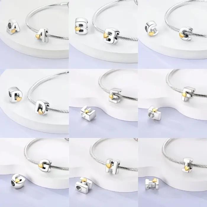 Ajustement Qikaola 925 Bracelets originaux amour 26 lettres anglaises série argent breloques perles pour bricolage anniversaire fabrication de bijoux