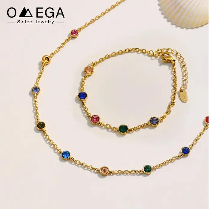 Bracelet de collier de chaîne en acier inoxydable pour femmes plaqué or 18 carats non ternité colliers de Zircon multicolores Bracelets assortis