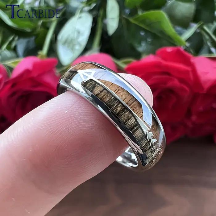 Bague en carbure de tungstène 6MM 8MM pour hommes et femmes avec incrustation double bois et flèche en acier