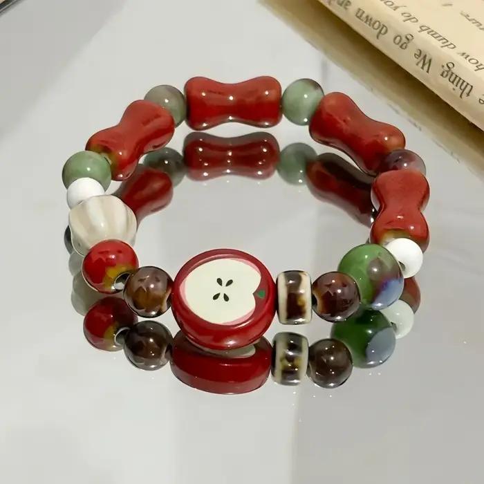 Bracelet de perles de pomme en céramique rouge Dopamine, Simple, épissure faite à la main pour femme