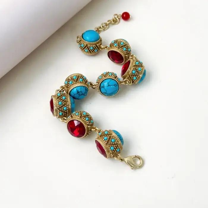Bracelet Bohème Rétro Turquoise & Rubis Style Palais Luxe Vintage Chaîne de Main pour Femme