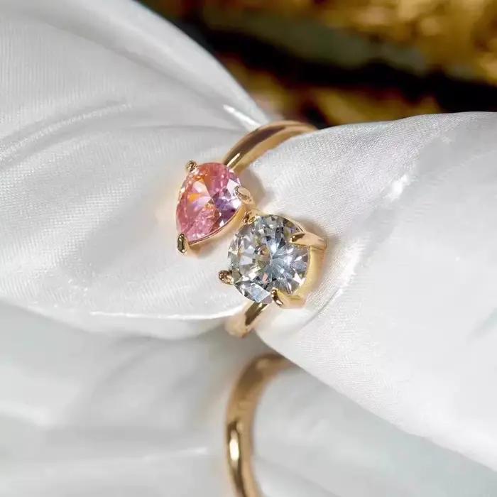 Bagues en diamant rose double couleur en forme de gouttelette d'eau pour femmes