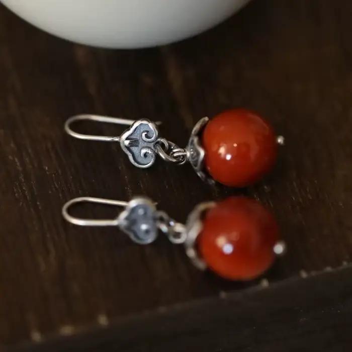 Boucles d'oreilles en argent sterling 925 serties de pierres rouges pour femmes style rétro ethnique nuage occasionnel cadeau d'anniversaire