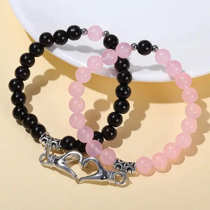 Bracelet de couple magnétique en forme de coeur coloré Cadeau de Saint-Valentin Bijoux de perles rondes en pierre naturelle à la mode pour hommes et...