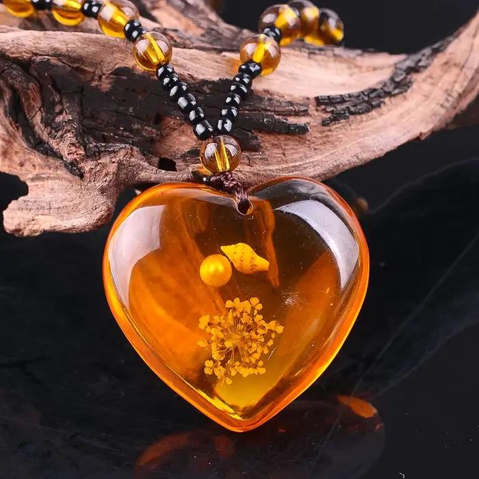 Collier en résine en forme de cœur avec perle ronde et véritable fleur pour femme bijou fantaisie cadeau de fête occaions spéciales