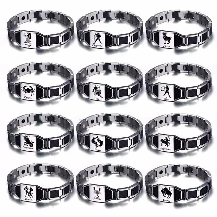 Vnox-Bracelets en fibre de carbone pour homme, acier inoxydable gravé, douze constellations, gémeaux et lion, énergie avec outil