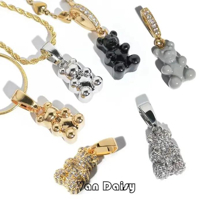 Van Daisy coloré mignon résine clair ours strass pendentif collier pour femmes hommes plaqué or Hip Hop colliers