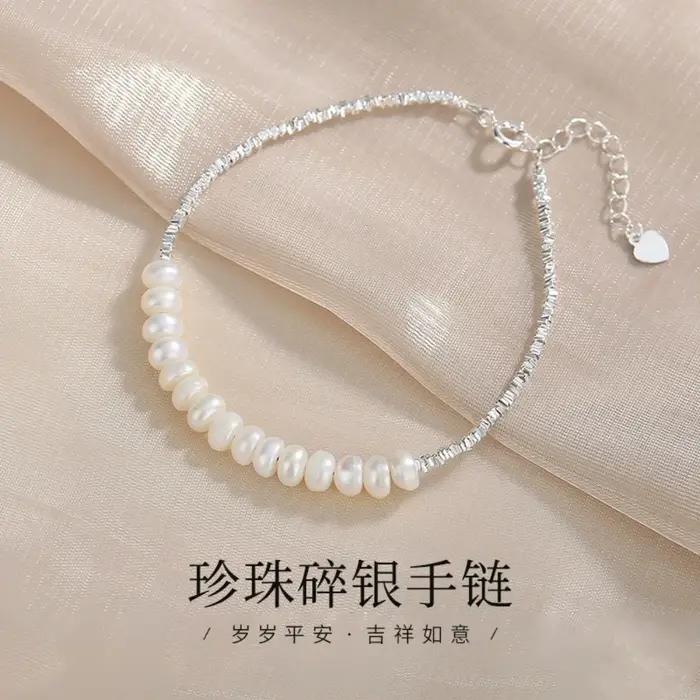 Bracelet en argent concassé avec perles d'eau douce naturelles pour femmes style classique et élégant occasions spéciales