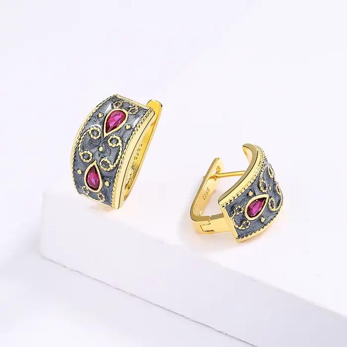 Boucles d'Oreilles Incrustées d'Or en Argent Sterling 925 Émail Bicolore Rouge Classiques pour Femmes Occasions Spéciales