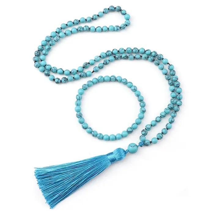 Ensemble de bracelets et collier turquoise bleu 6mm bohème avec pendentif de bénédiction pour couples et occasions spéciales
