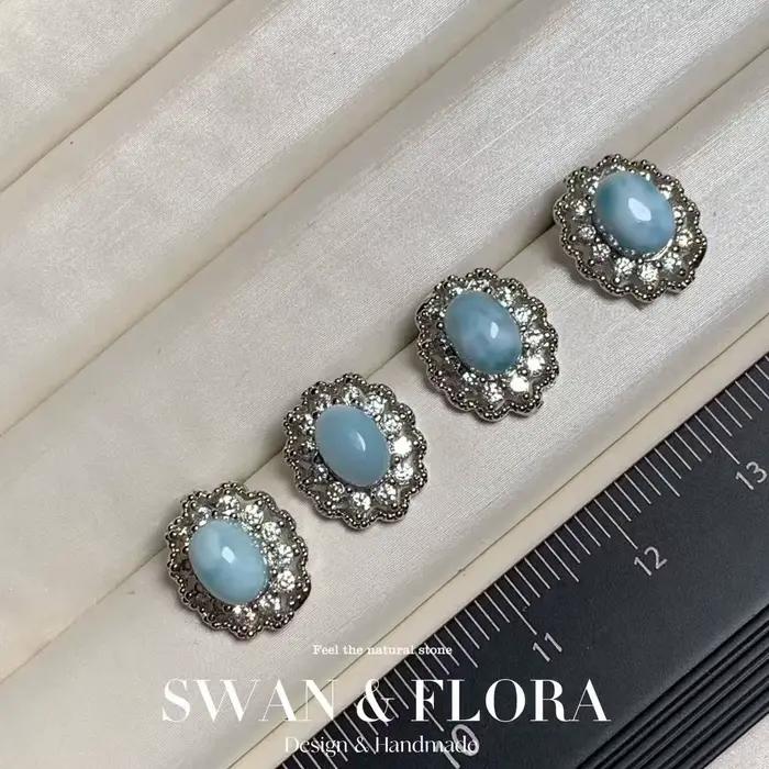 Boucles d'oreilles clous en larimar naturel authentique BLUE OVA, bijoux en cuivre, cadeau, pierre p