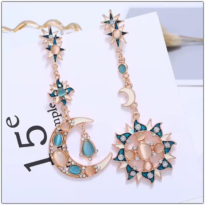 Bohême asymétrique opale soleil lune boucles d'oreilles baroque longue boucle d'oreille pour femme fille mode bijoux femme Streetwear clous d'oreille