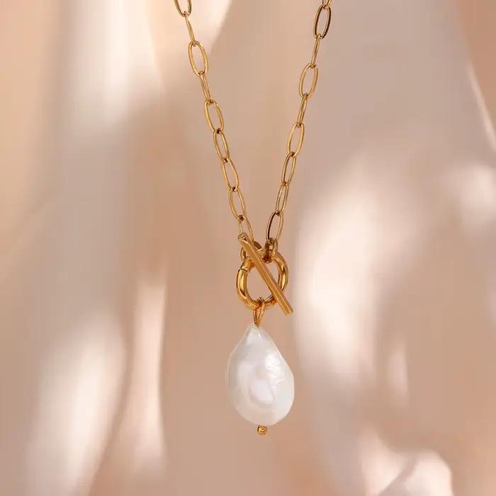 Pendentif perle d'eau douce baroque pour femme, collier en acier inoxydable plaqué or 18 carats, bijou élégant pour bureau et occasions spéciales