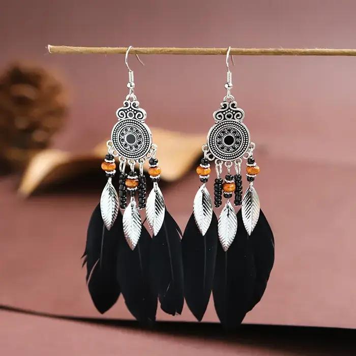 Boucles d'oreilles bohème ethniques en plumes pour femmes