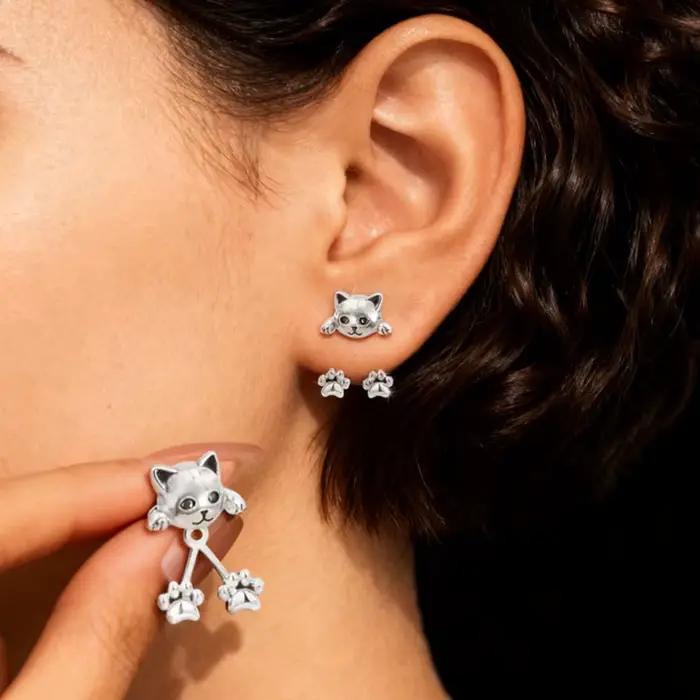 Boucles d'oreilles vintage amusantes couleur argent en forme de chat pour femme