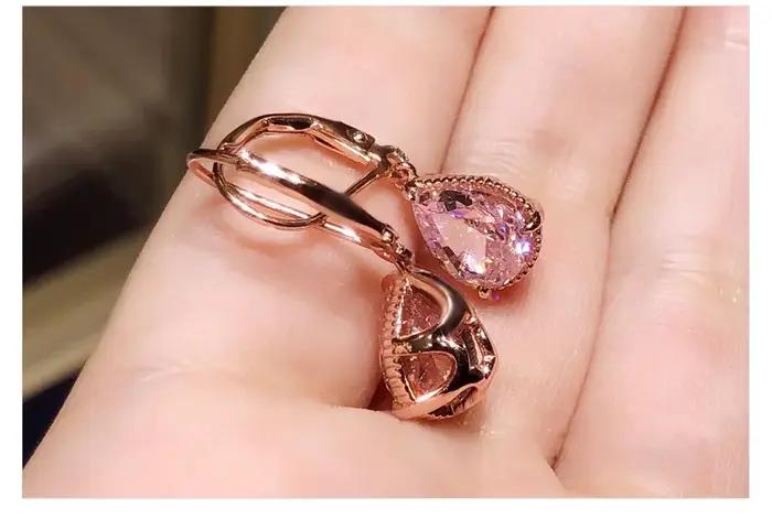 Boucles d'oreilles pendantes en quartz rose naturel pour femme
