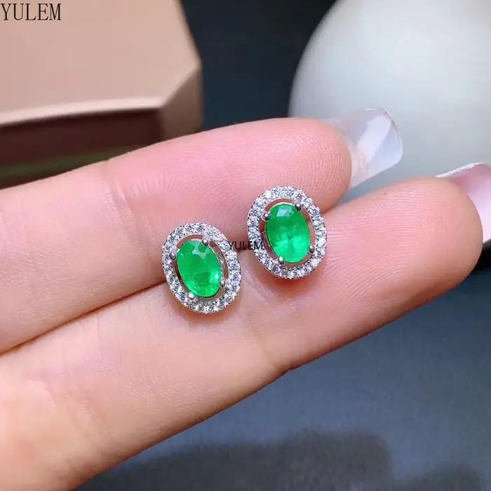 Boucles d'oreilles en argent sterling 925 et émeraude naturelle ovale pour femmes occasions spéciales élégantes