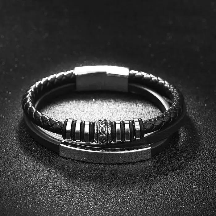 Bracelet en cuir pour homme style punk acier inoxydable plaqué argent rhodium occasion quotidienne fête cadeau original