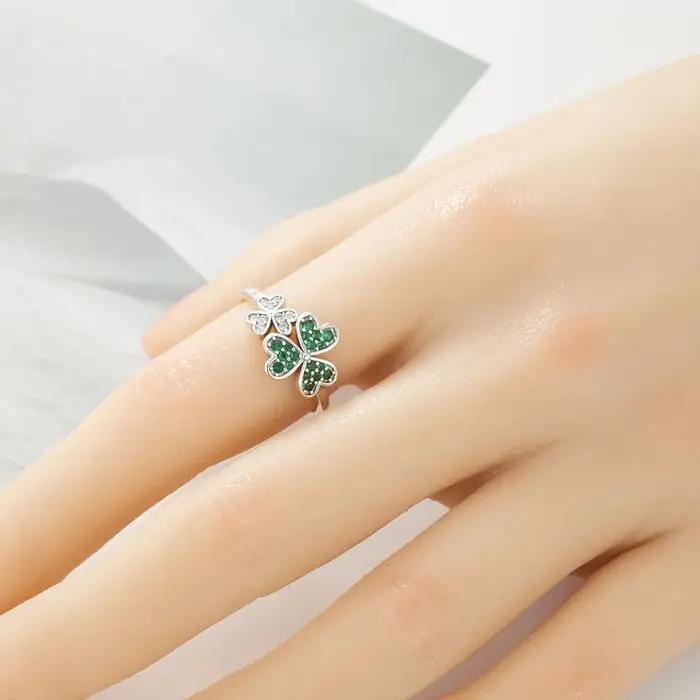 Bague en argent sterling 925 avec trèfle vert et blanc