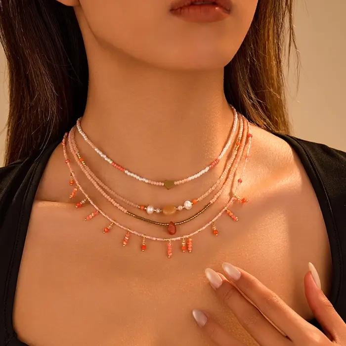 Collier de perles roses bohème avec pendentif en forme de cercle en acier inoxydable pour femmes et filles occasions spéciales
