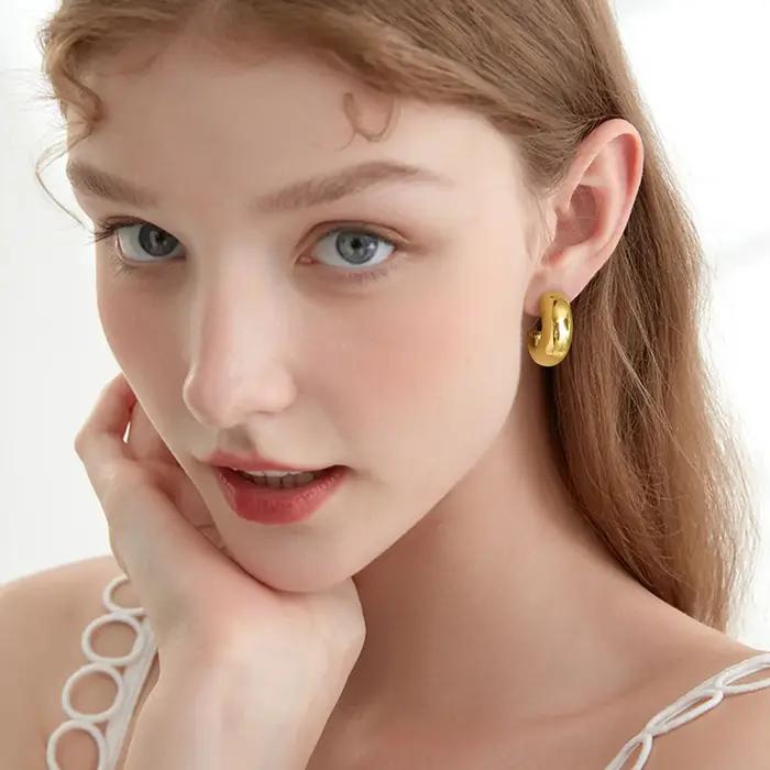 Boucles d'Oreilles Créoles Élégantes en Acier Inoxydable pour Femmes Occasions Spéciales Mode Grosses Boucles D'Oreilles Plaquées Or Argent