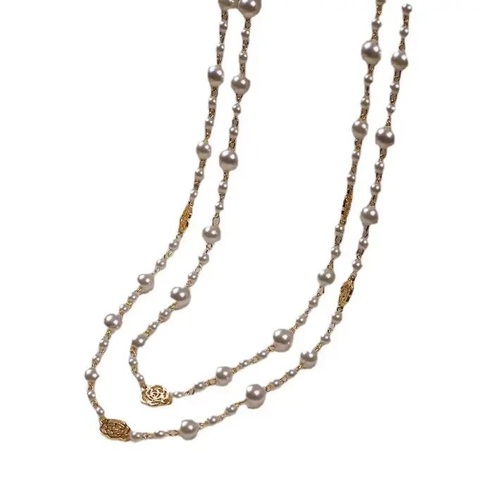 Vintage dame camélia perles fleur Long collier chaîne élégant Double couches mode bijoux pour les femmes fête Collares de moda