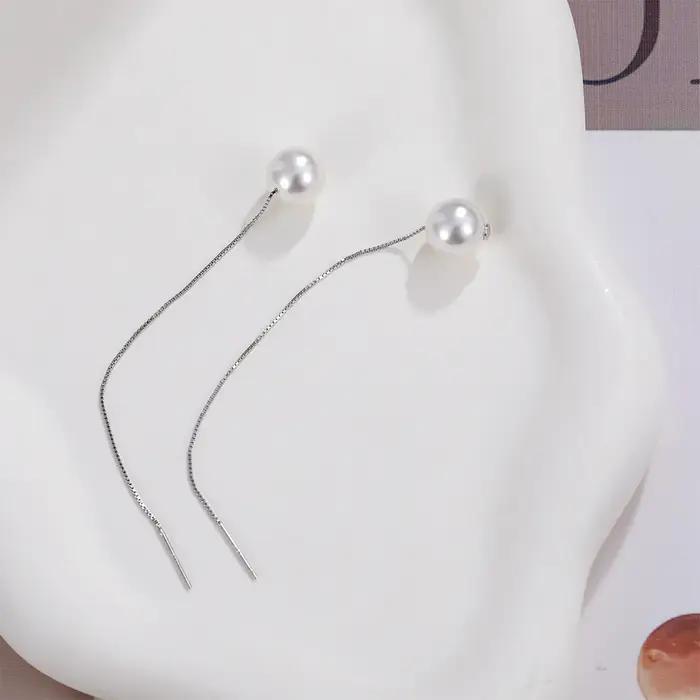 Seulement 925 en argent Sterling boucles d'oreilles élégantes pour les femmes enfileur perle boucle d'oreille balancent oreille ligne longue chaîne bijoux de mode