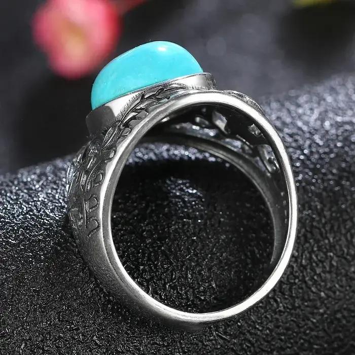 Bagues rétro en turquoise naturelle plaquées argent pour femmes et hommes