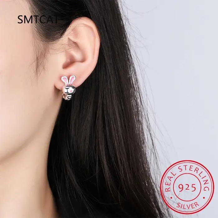 Boucles d'oreilles créoles lapin en argent 925 pour filles et femmes, bijoux mignons avec zirconium blanc, gris, rouge, noir, vert, cadeau pour les occasions spéciales