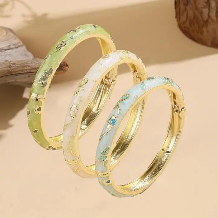 FTCY 3 pièces fine petite fleur émail bracelet pour femmes rétro cloisonné