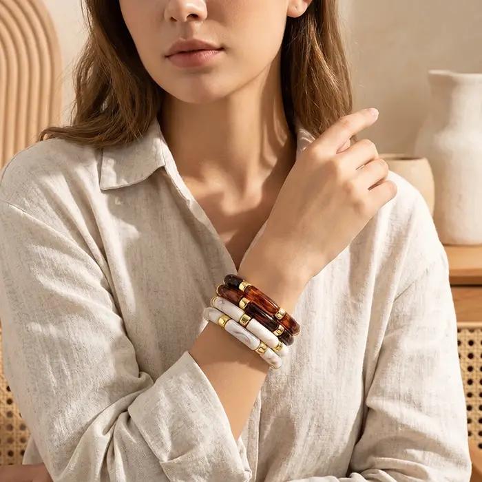Bracelets élastiques en résine teintée style rétro nœud de bambou pour femmes occasions spéciales