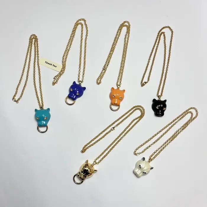 Collier chaîne de pull tête de panthère en émail pour femmes