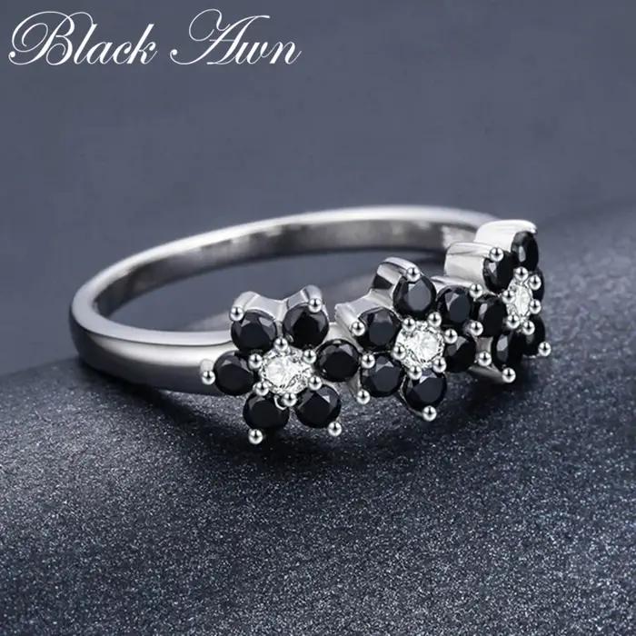 Noir awn nouveau mignon couleur argent Bijoux fleur Bague