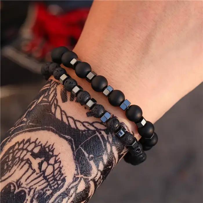 2 pièces/ensemble Bracelet de perles hommes pierre de lave Agate oeil de tigre perle charme hommes femmes Bracelet ensembles bijoux meilleurs cadeaux Pulsera Hombre