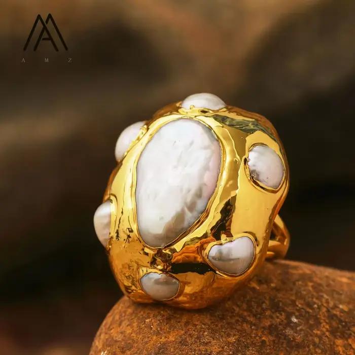 Bague en perle baroque plaquée or réglable pour femmes occasions spéciales engagement soirée mariage anniversaire unique