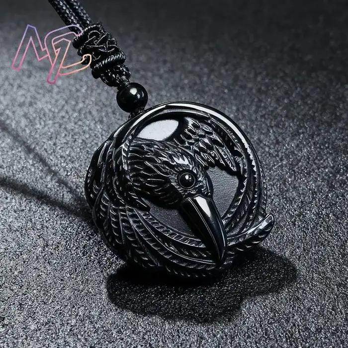 Collier pendentif corbeau en obsidienne véritable