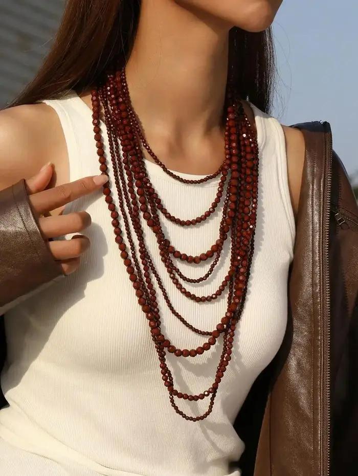 Ensemble de 2 colliers longs superposés en acrylique perlé de style bohème euro-américain – Tendance à porter avec des pulls en automne/hiver.