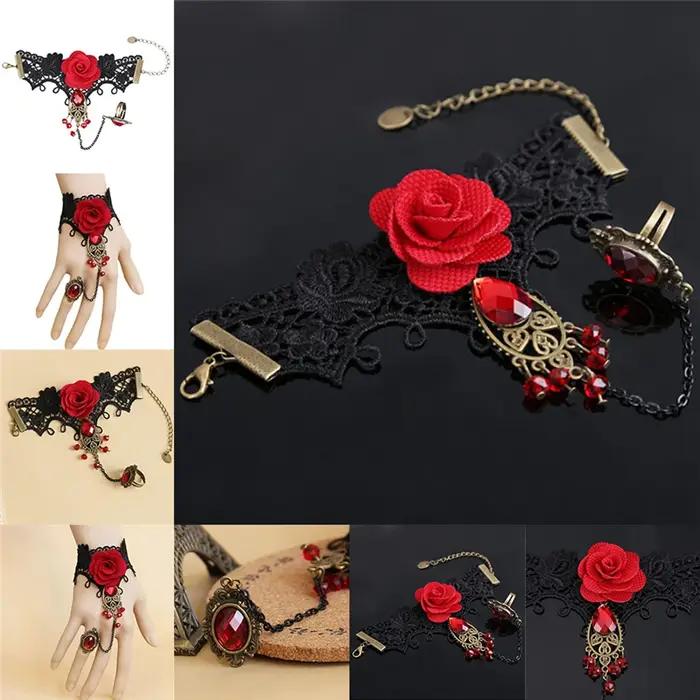 Bracelet Rose Rouge en Dentelle de Style Gothique Élégant