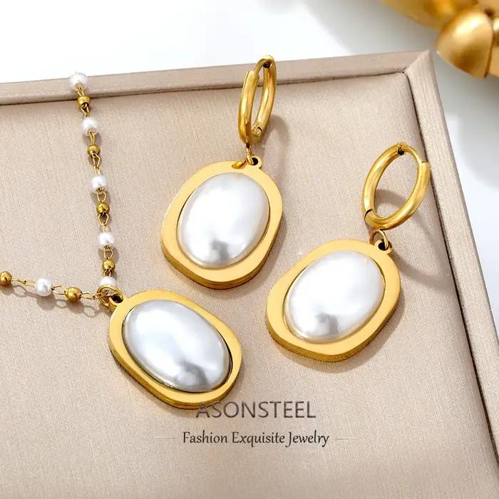 ASONSTEEL luxe Imitation perle pendentif collier boucles d'oreilles ensembles de bijoux en acier inoxydable pour les