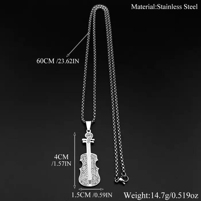 Collier Pendentif Violon Entièrement Orné de Strass pour Femme et Homme, en Acier Inoxydable Doré, Bijou Tendance pour Amateurs de Musique Classique, Cadeau