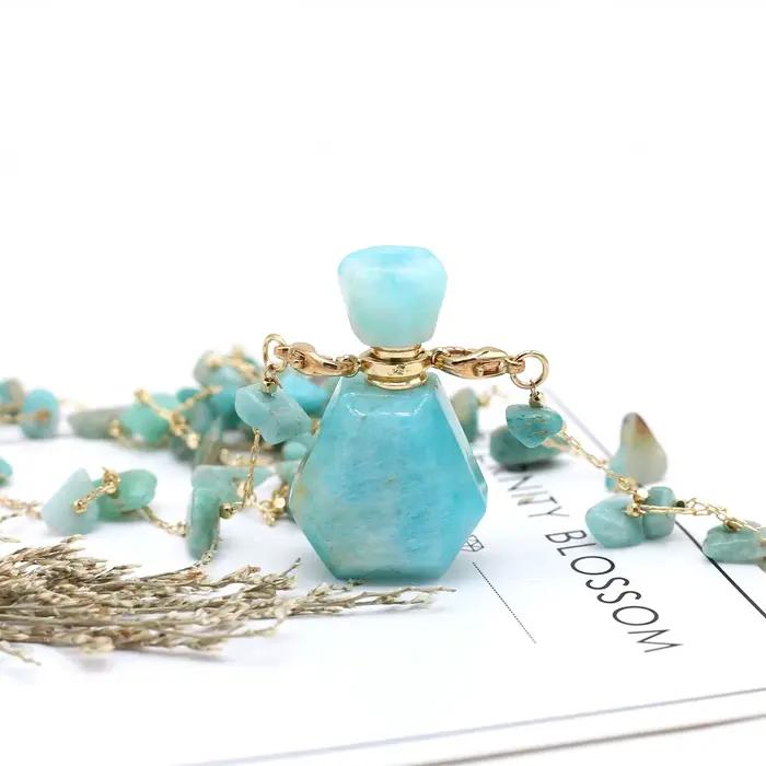 Collier bouteille de parfum Amazonite, pendentif en pierre en forme de cœur, diffuseur d'huile essentielle, breloques pour femmes et hommes, accessoires de bijoux