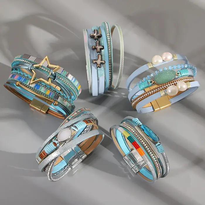 ALLYES Vintage Bracelet en cuir bleu pour femmes Boho étoile perle cristal tressé multicouche Wrap